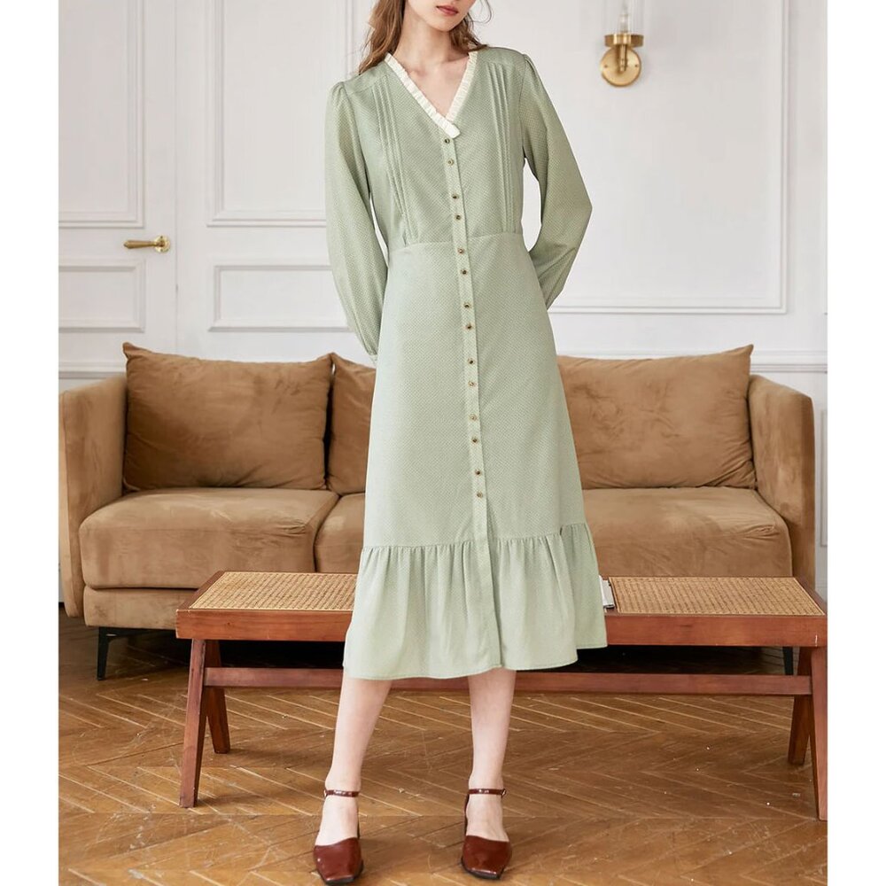NWT Simple Retro Adelyn V-Neck Polka Dot Dress XS Light Green